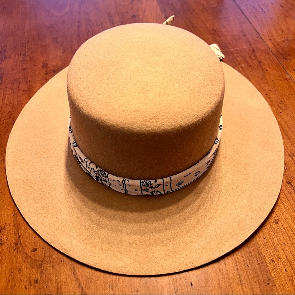 Gigi Pip- 100% wool Tan Wide Brim Hat with Bandana Accent